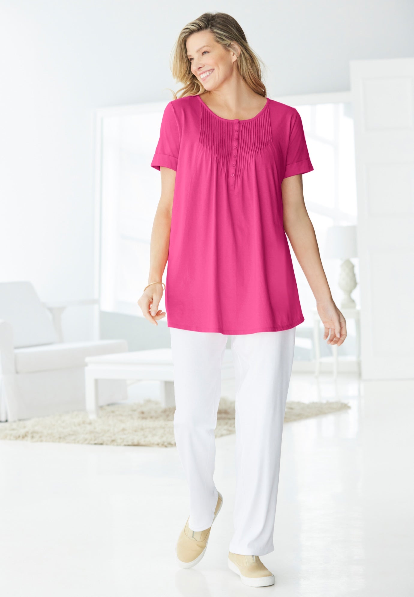 Short-Sleeve Pintucked Henley Tunic image number 0