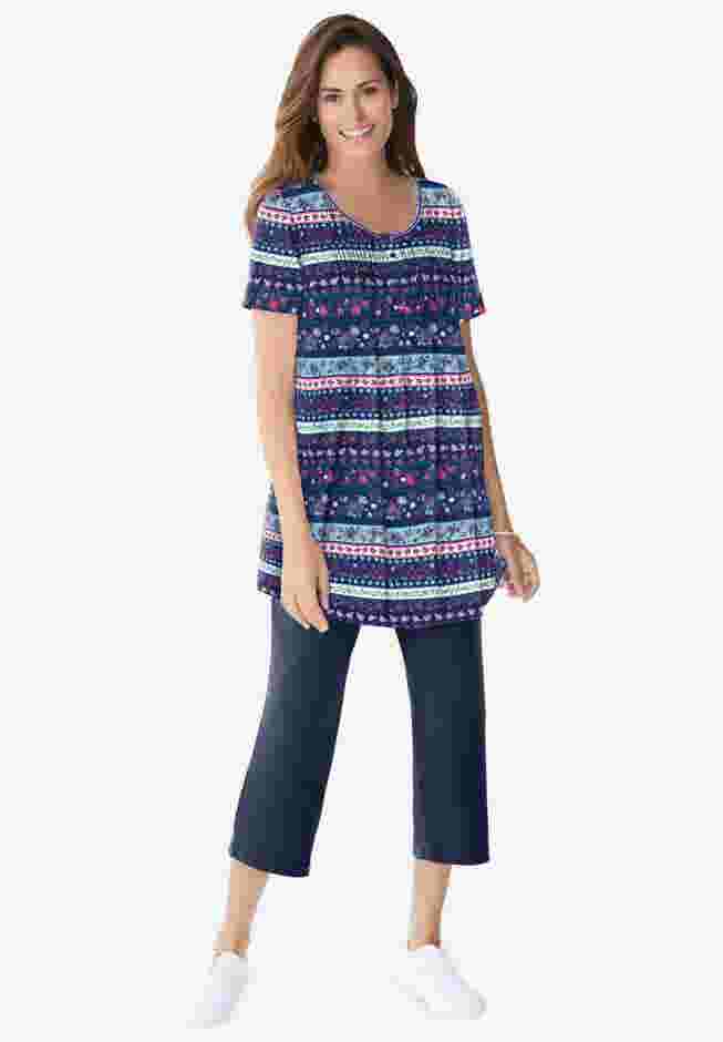 Short-Sleeve Pintucked Henley Tunic image number 3