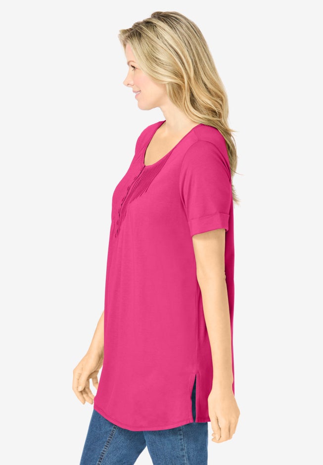 Short-Sleeve Pintucked Henley Tunic image number 2