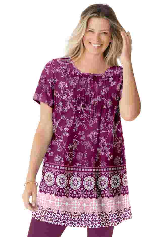 Short-Sleeve Pintucked Henley Tunic image number 0