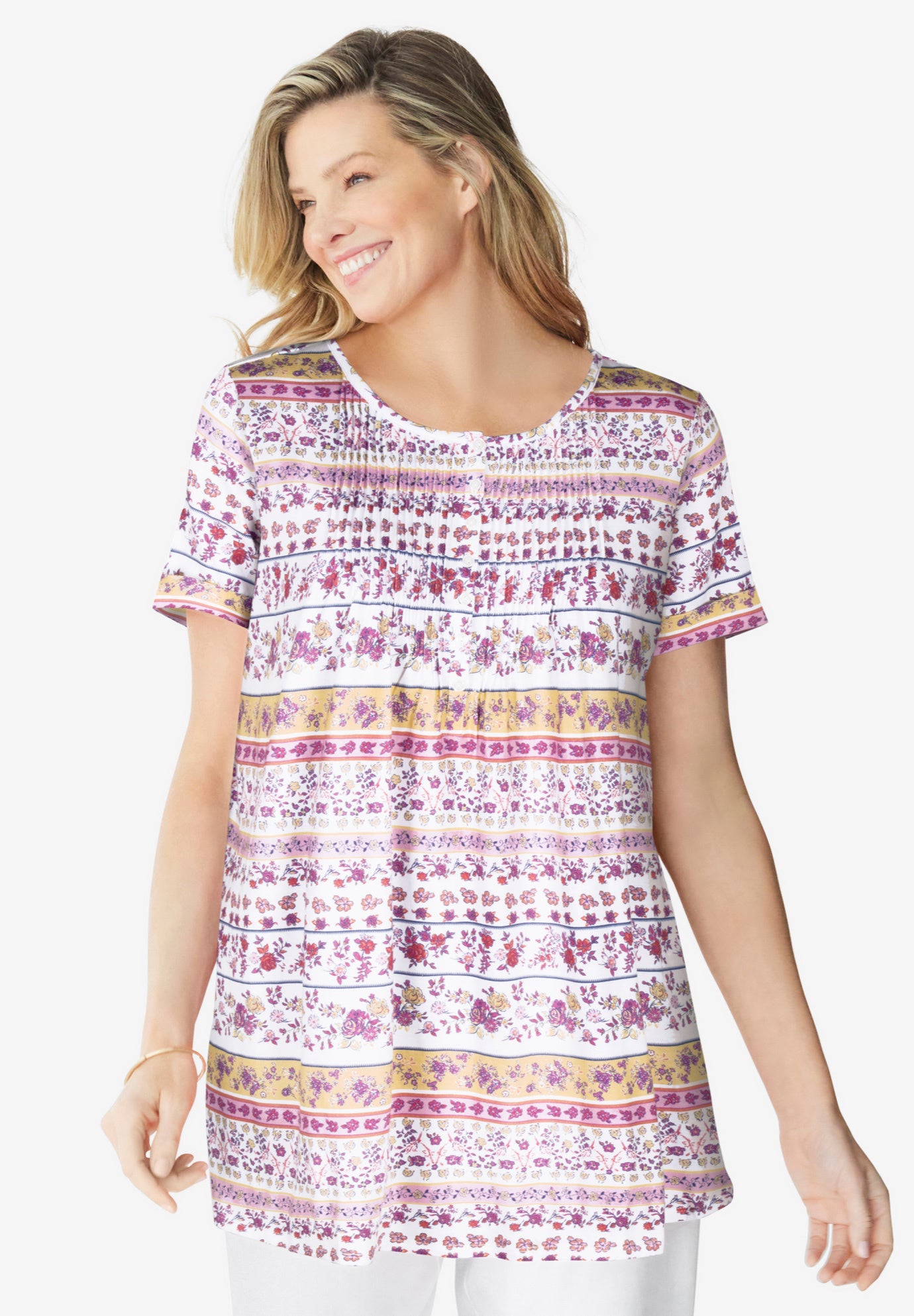 Short-Sleeve Pintucked Henley Tunic image number 0