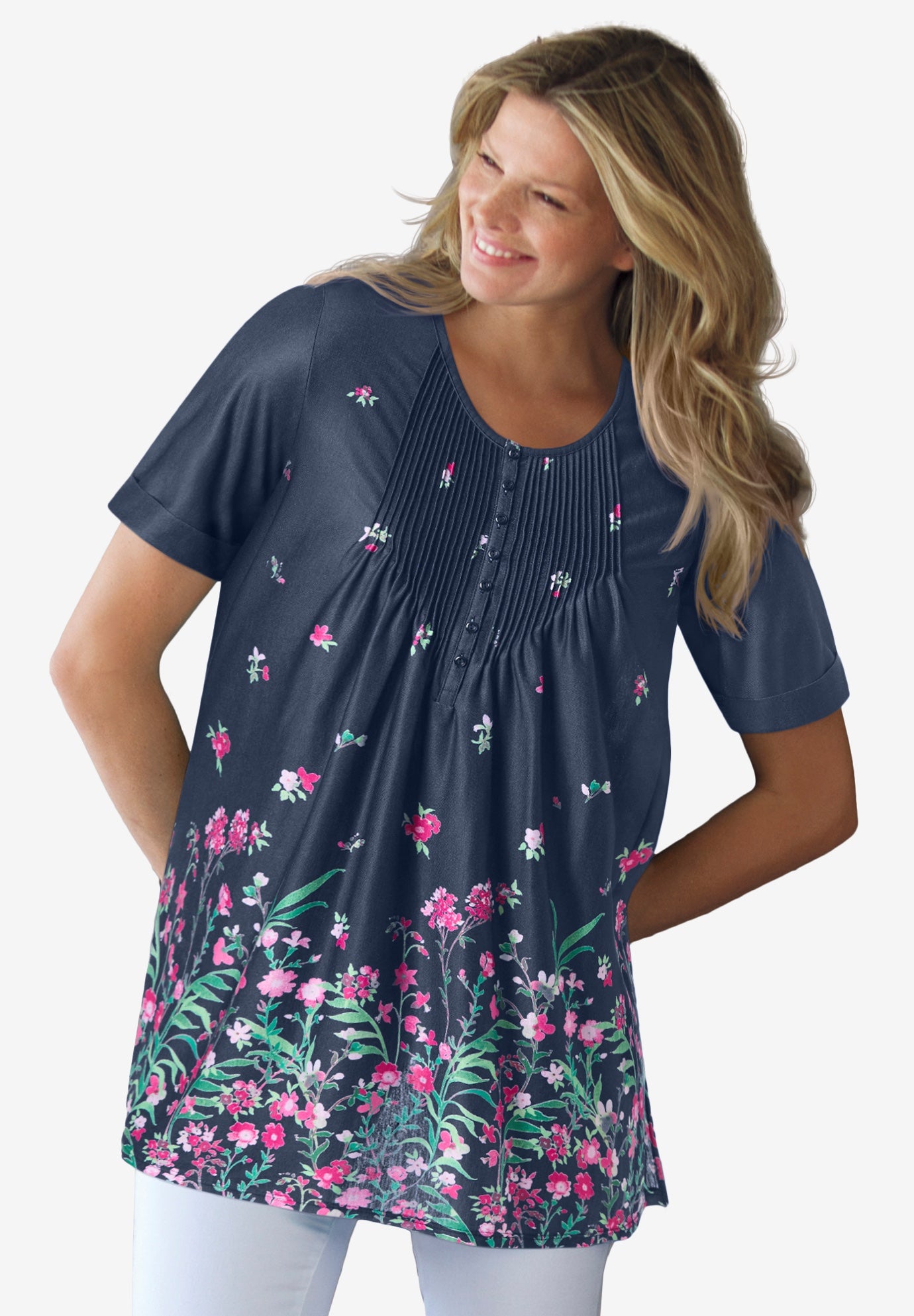 Short-Sleeve Pintucked Henley Tunic image number 0