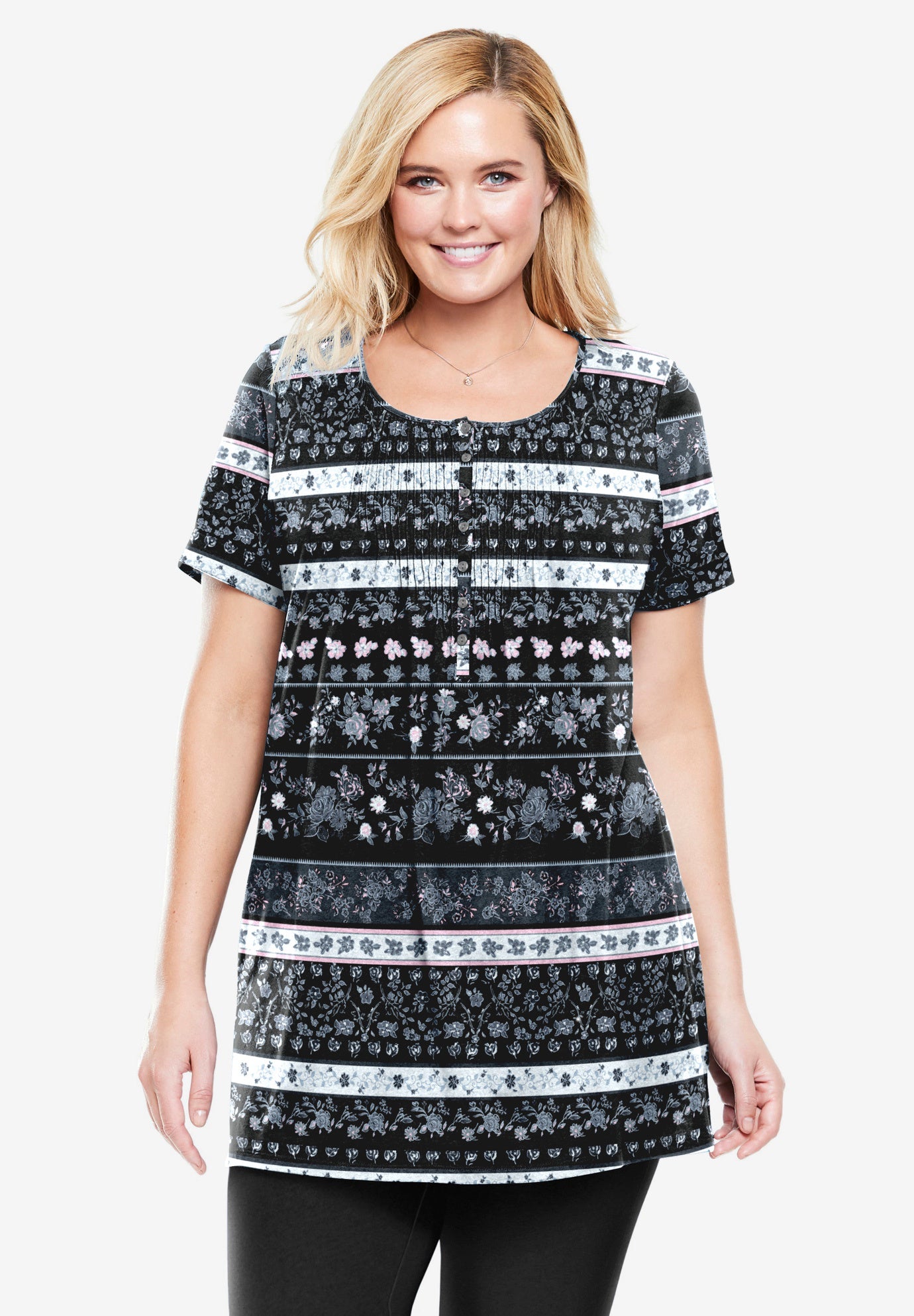 Short-Sleeve Pintucked Henley Tunic image number 0