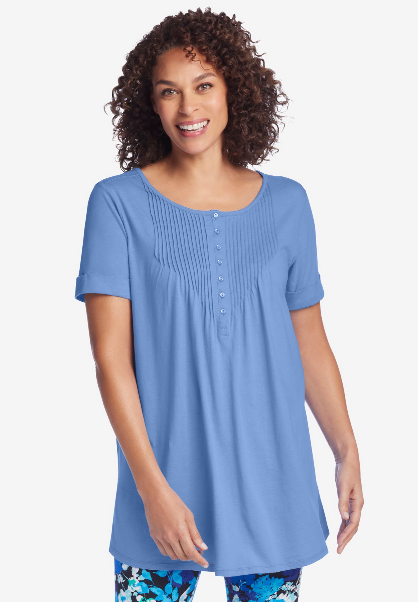 Short-Sleeve Pintucked Henley Tunic image number 0