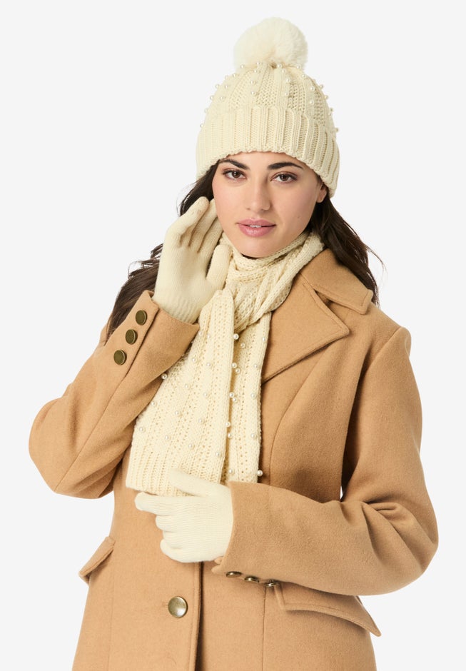 Pearl-Embellished Cable-Knit Hat, Scarf and Glove Set. image number null
