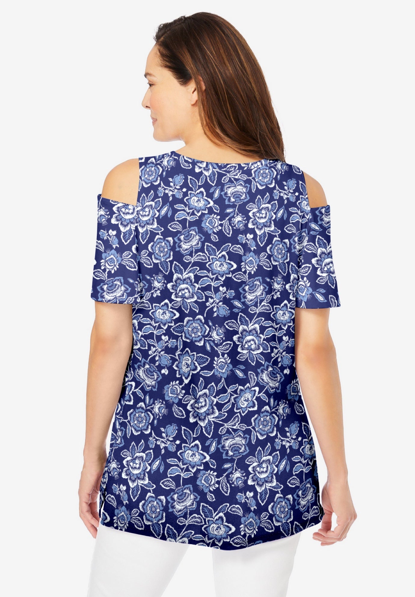 Cold-Shoulder Short-Sleeve Tee with Side Slits, Blue Cloud Sketched ...