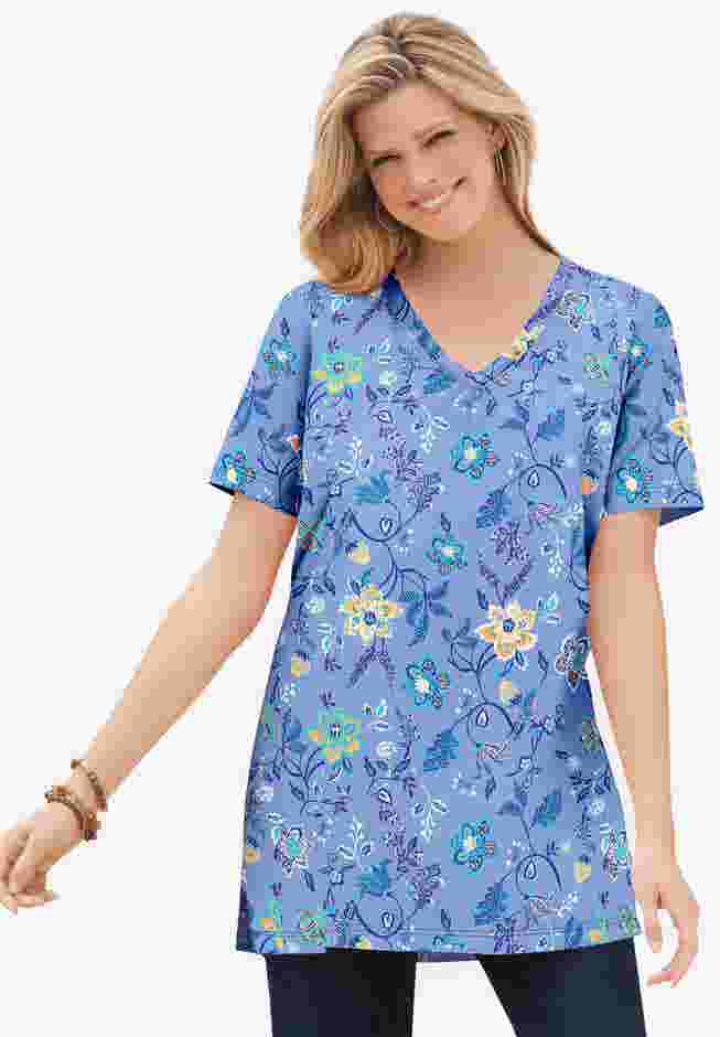 Perfect Printed Short-Sleeve Shirred V-Neck Tunic image number 4