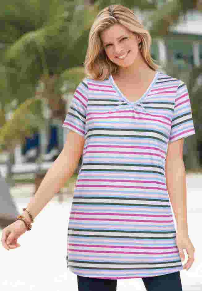 Perfect Printed Short-Sleeve Shirred V-Neck Tunic image number 0