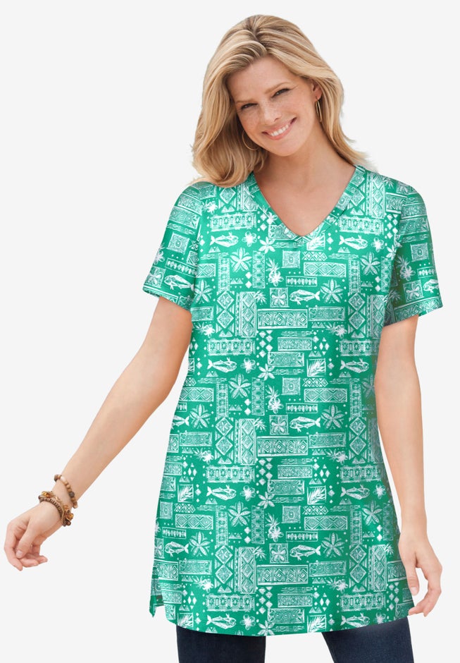 Perfect Printed Short-Sleeve Shirred V-Neck Tunic image number 0