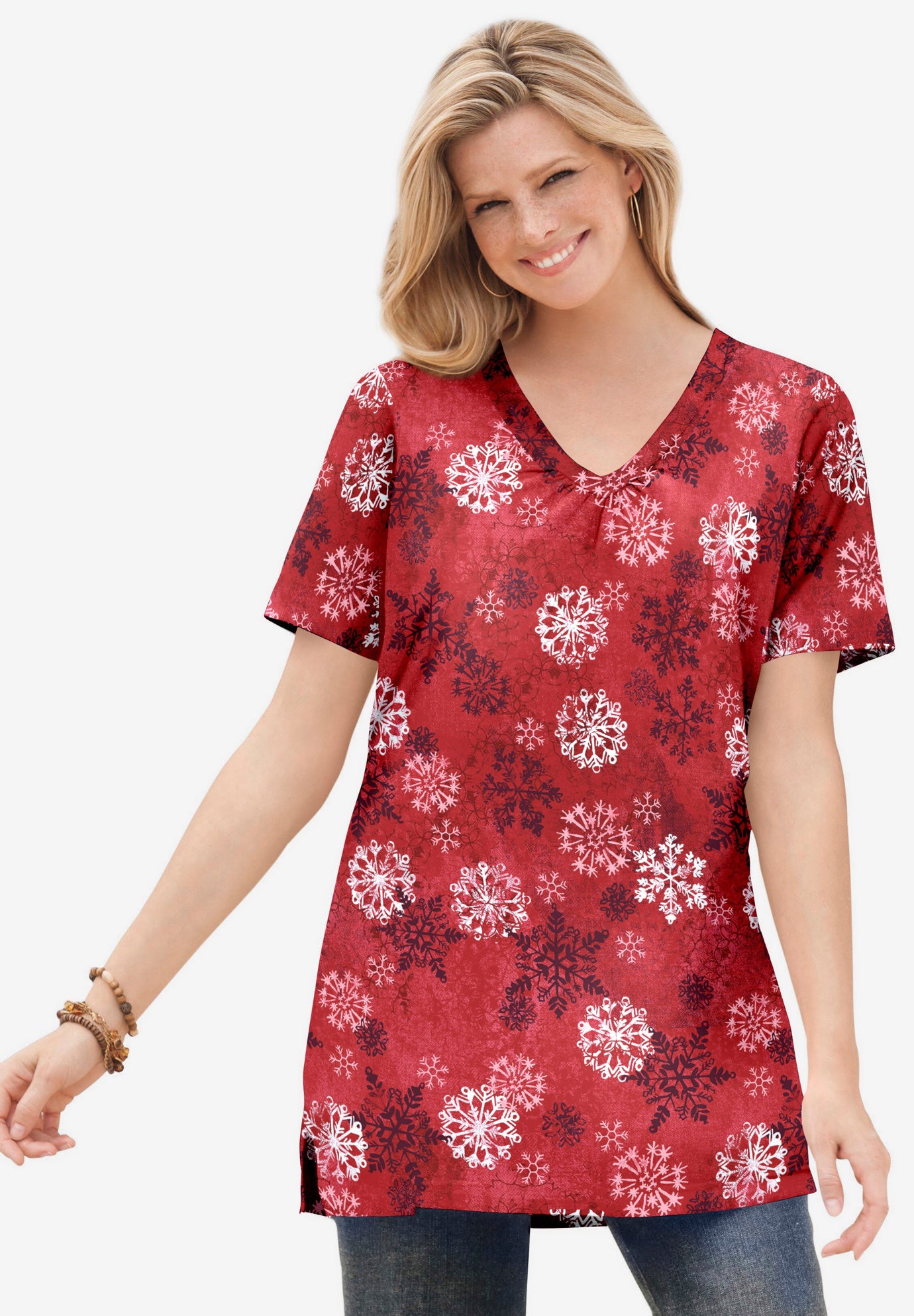Perfect Printed Short-Sleeve Shirred V-Neck Tunic image number 0
