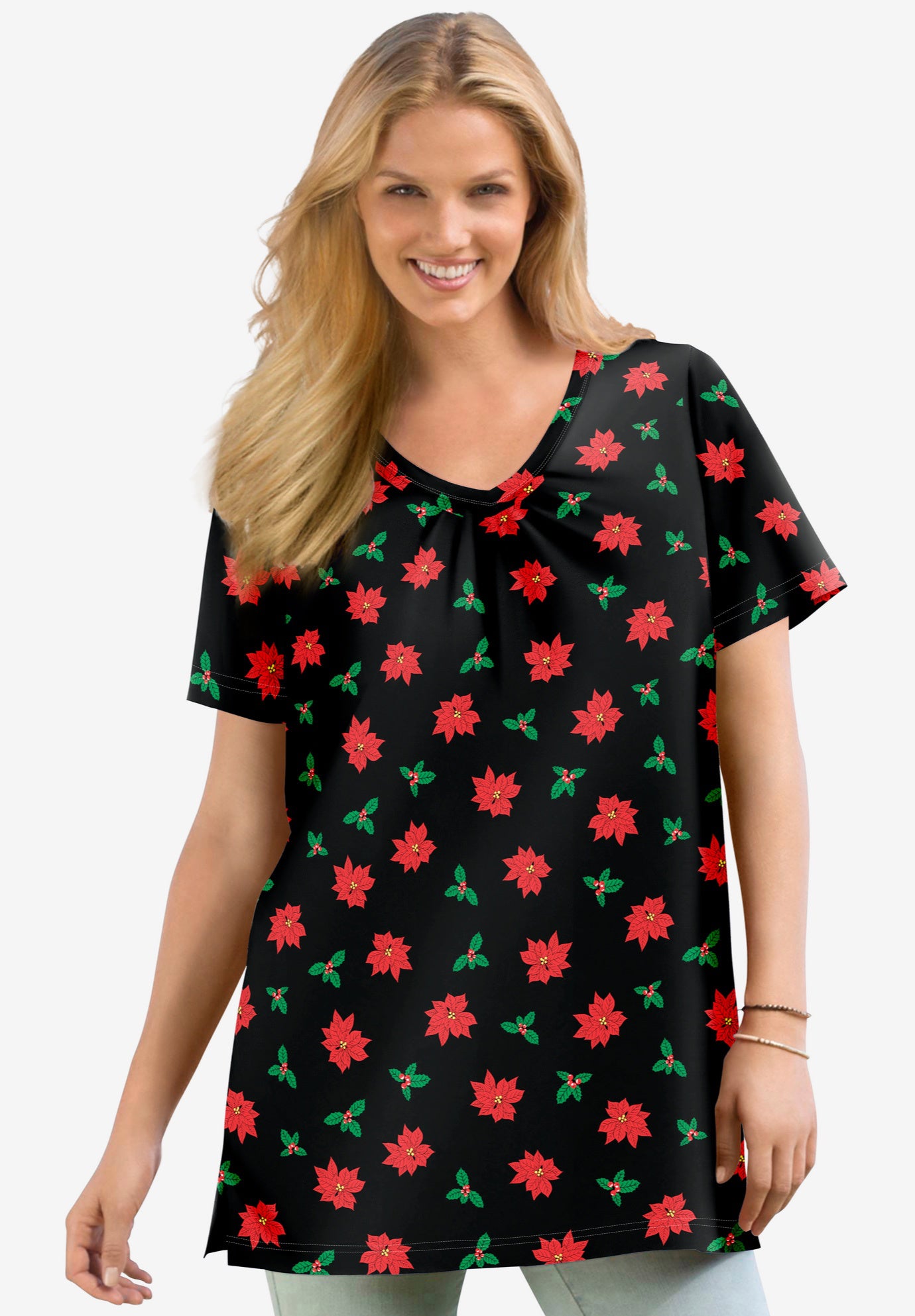 Perfect Printed Short-Sleeve Shirred V-Neck Tunic image number 0