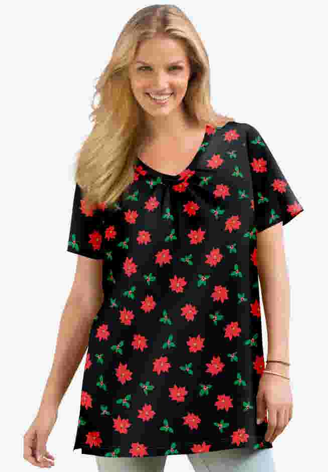 Perfect Printed Short-Sleeve Shirred V-Neck Tunic image number 0