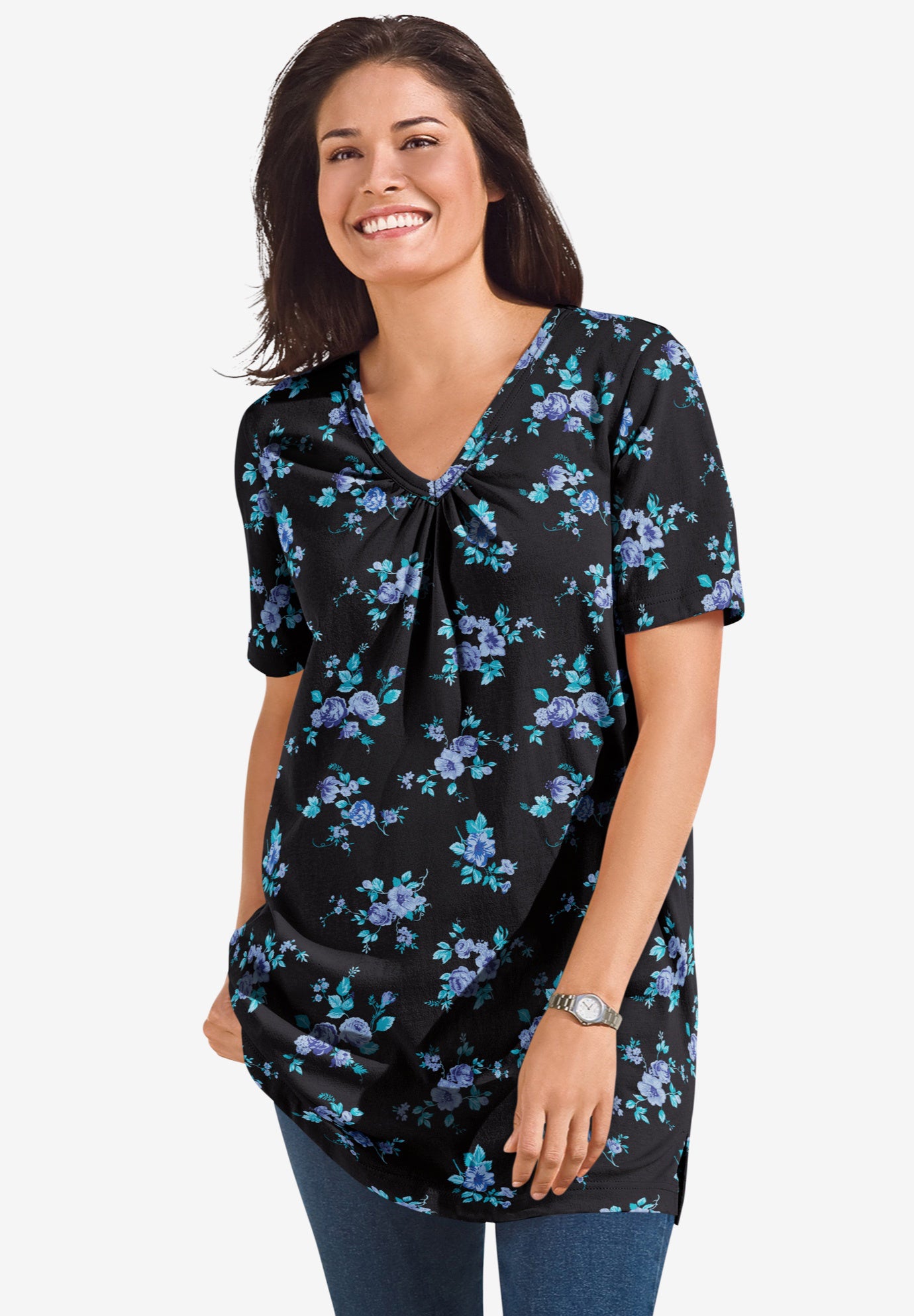 Perfect Printed Short-Sleeve Shirred V-Neck Tunic image number 0
