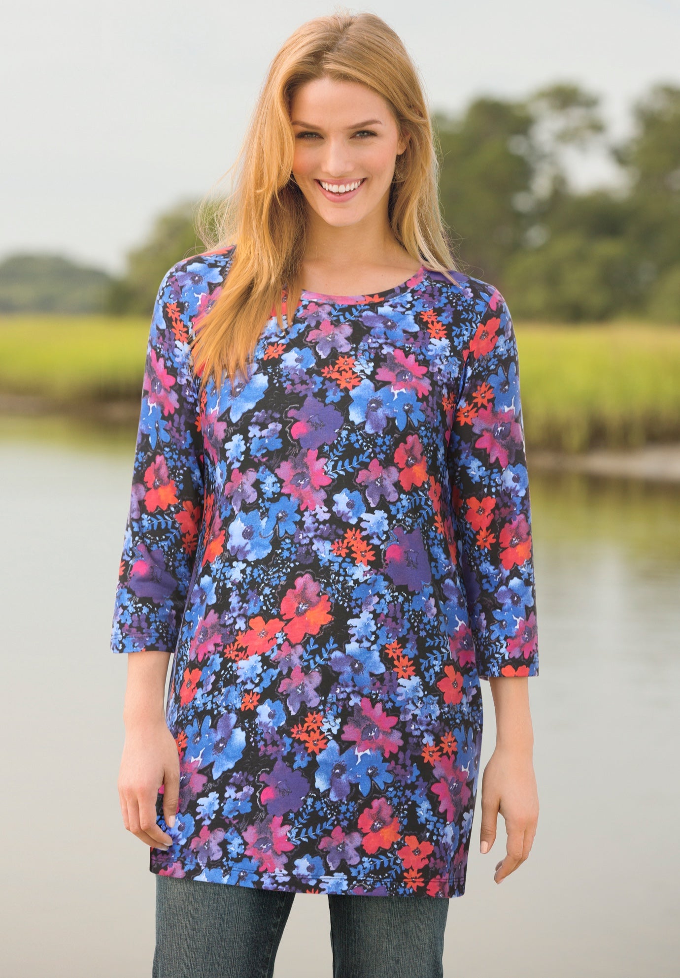 Perfect Printed Three-Quarter-Sleeve Scoopneck Tunic image number 0