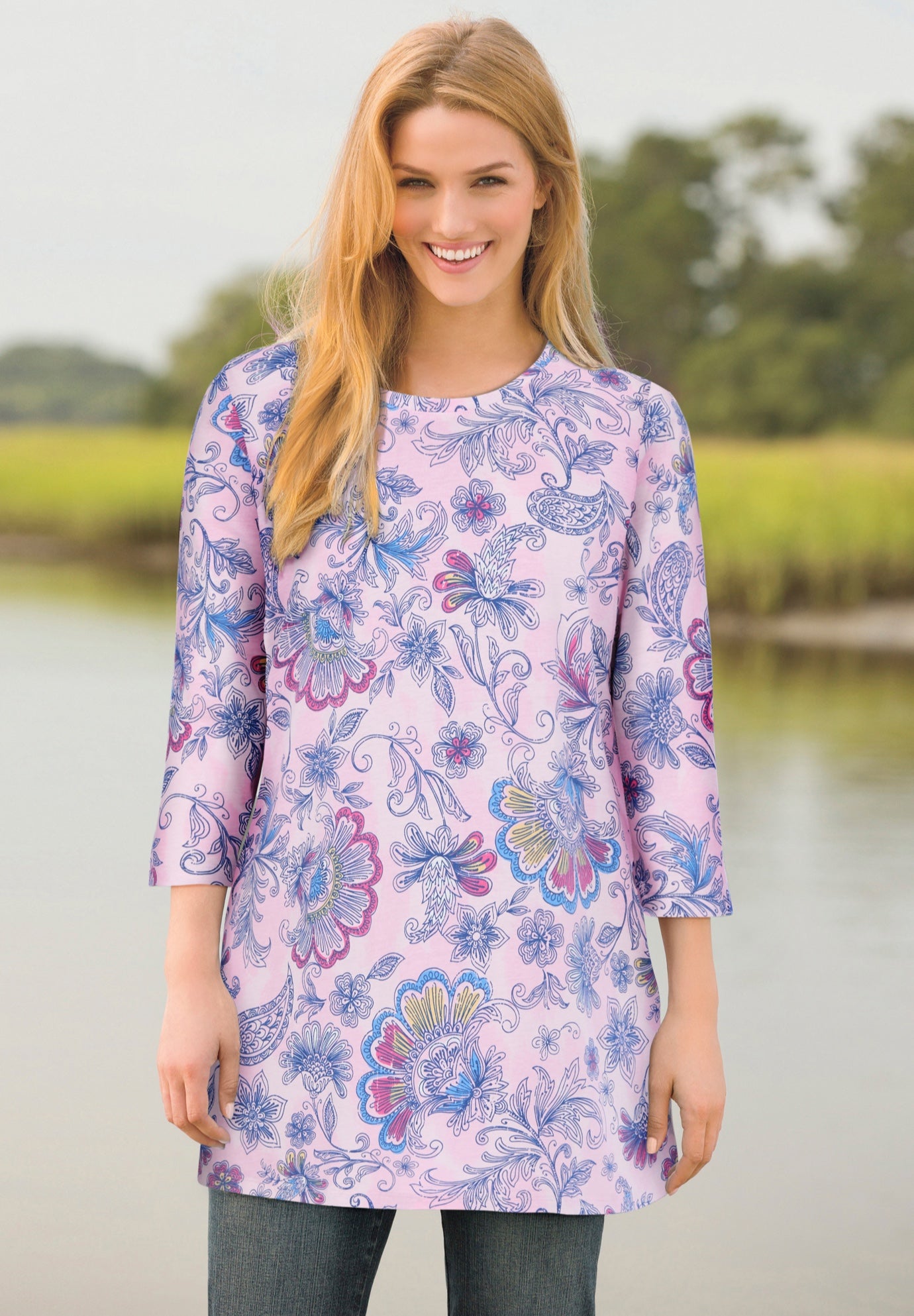 Perfect Printed Three-Quarter-Sleeve Scoopneck Tunic image number 0