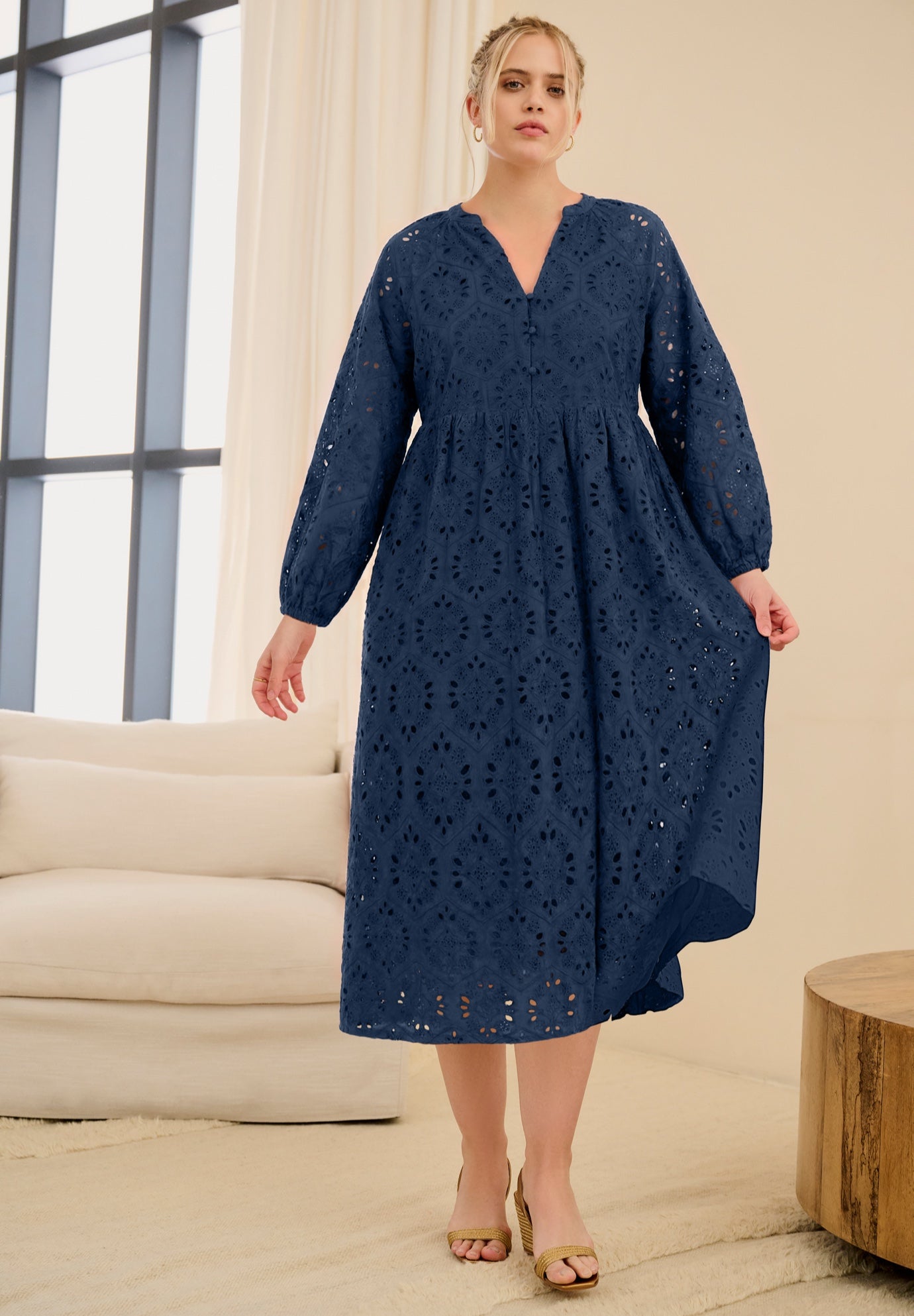 Eyelet Midi Dress with Blouson Sleeves image number 0