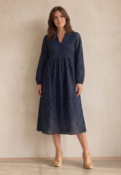 100% Cotton V-Neck Fit and Flare Blouson Sleeve Eyelet Midi Dress