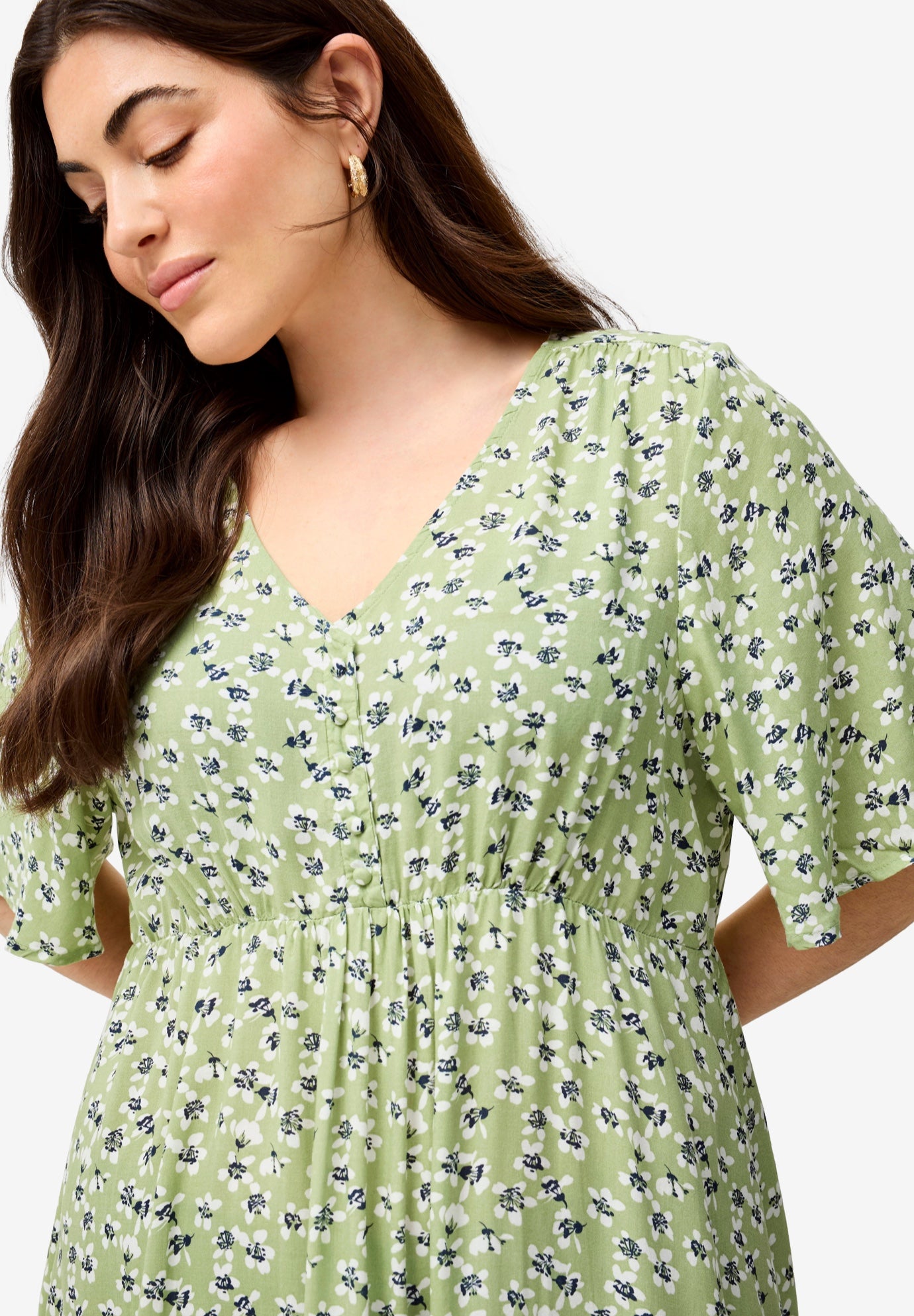 V-Neck Empire Dress with Button Trim image number 2