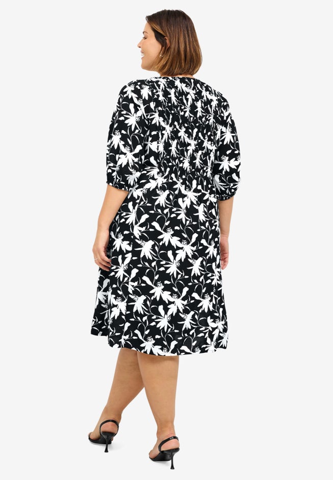 V-Neck A-line Dress with Smocked Bodice image number 1