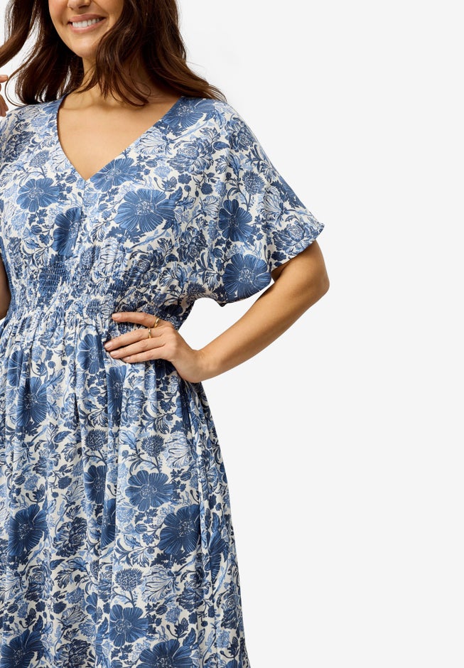 V-Neck Elastic Waist Midi Dress image number 2