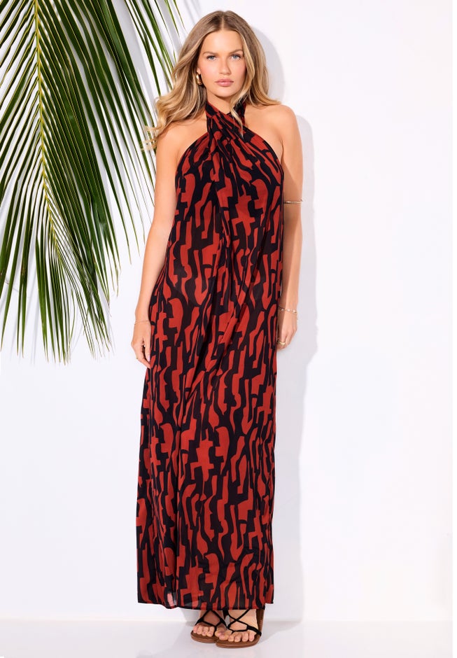 High Neck Twist Halter Cover Up Maxi Dress image number 3