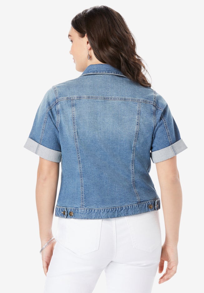 Plus Size Short-Sleeve Stretch Denim Jacket image number 1