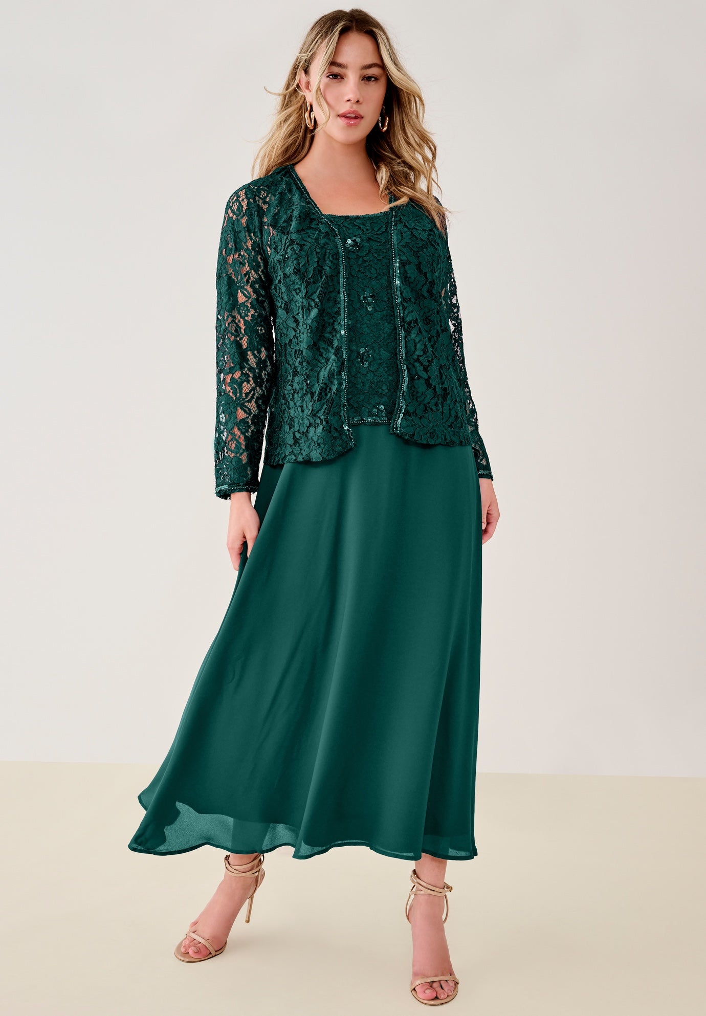 Plus-Size 2 Piece Long Sleeve Embellished Lace Jacket and Full Gown image number 0