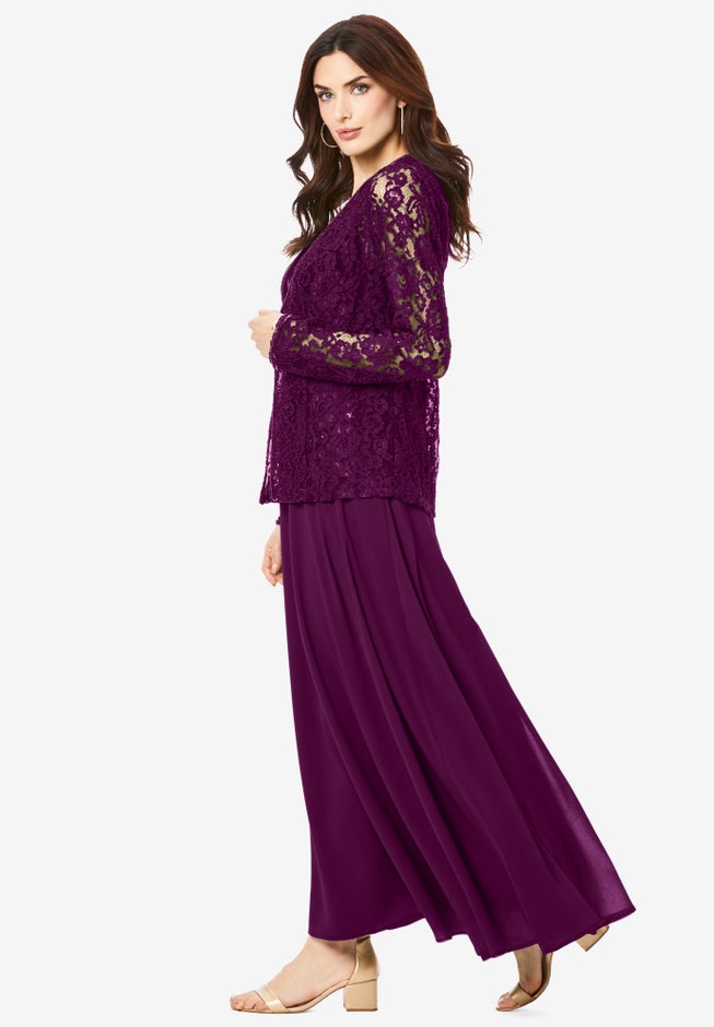 Plus-Size 2 Piece Long Sleeve Embellished Lace Jacket and Full Gown image number 2