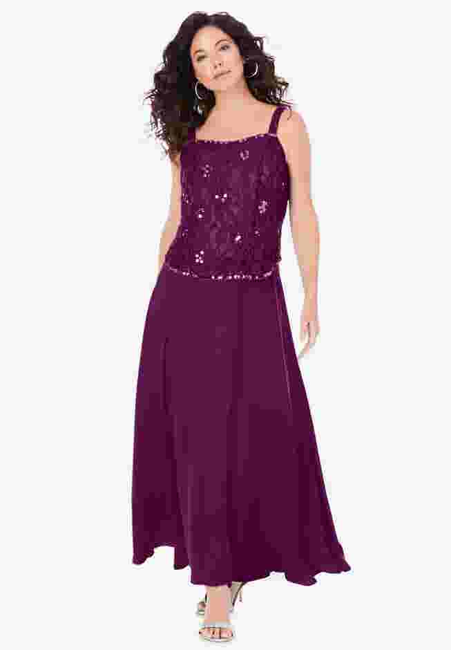 Plus-Size 2 Piece Long Sleeve Embellished Lace Jacket and Full Gown image number 3