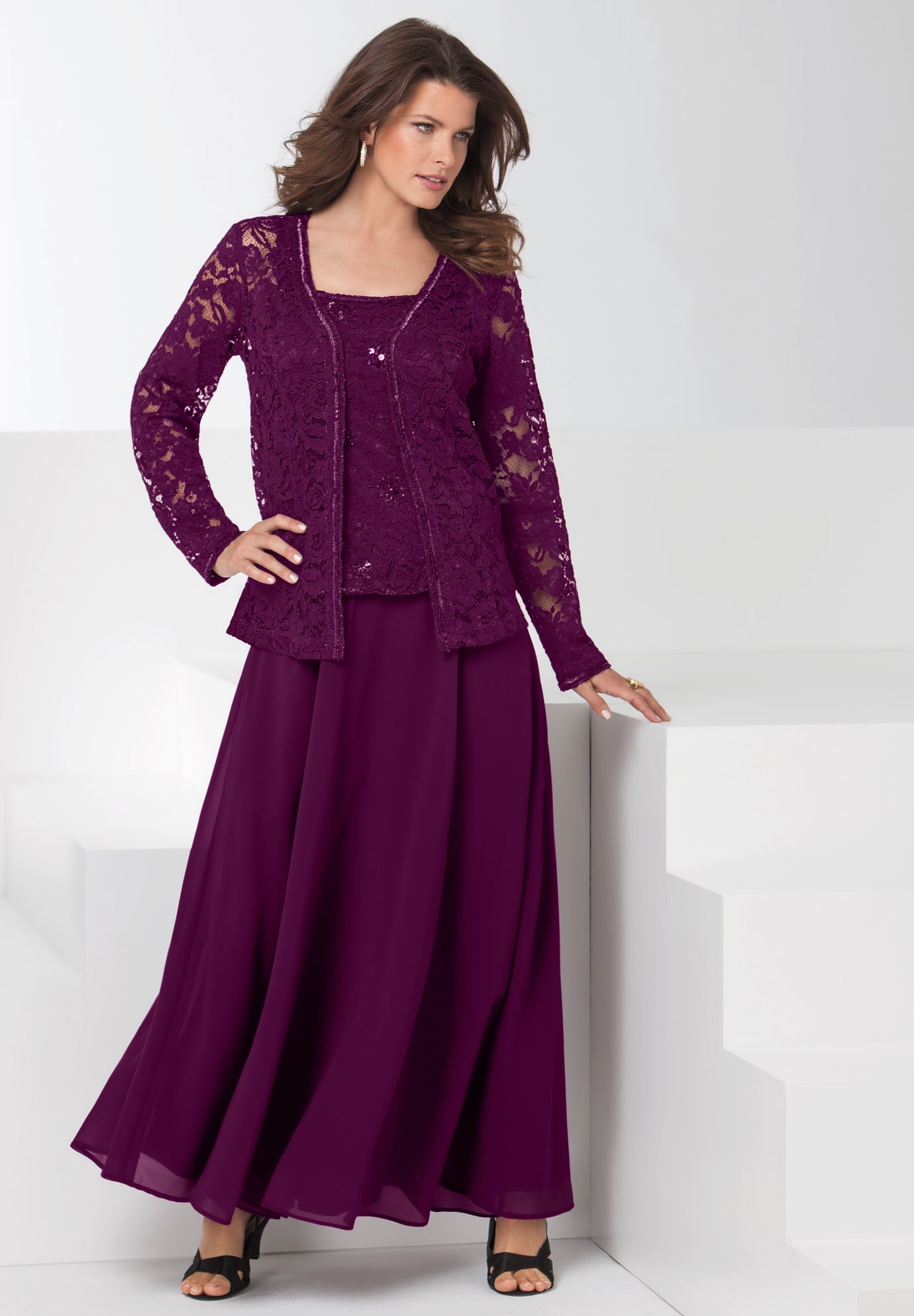 Plus-Size 2 Piece Long Sleeve Embellished Lace Jacket and Full Gown image number 5