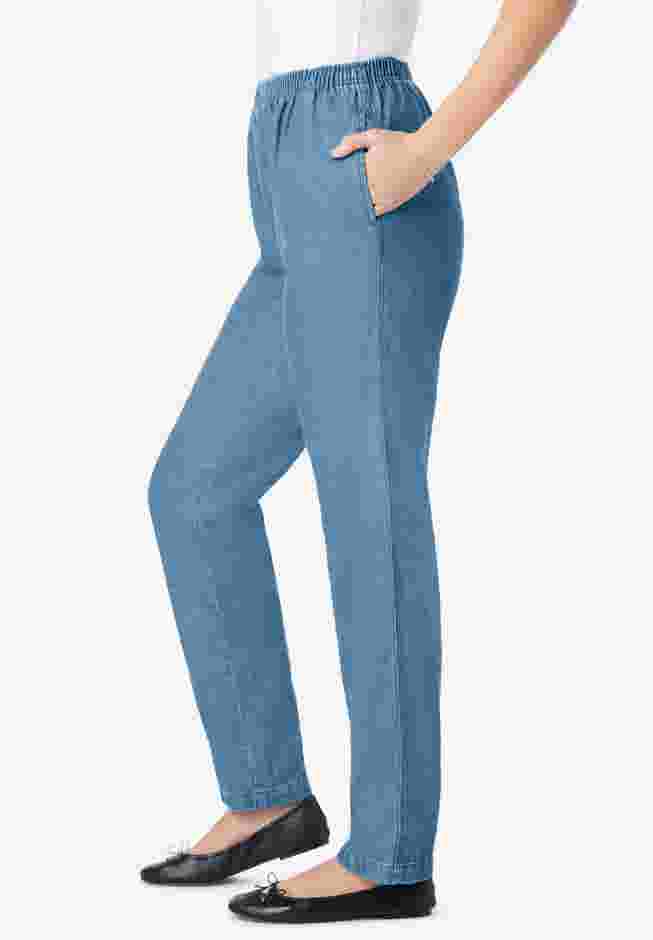 Womens Plus-Size Straight-Leg All-Cotton Denim Pull-On 7-Day Elastic-Waist Jeans image number 2