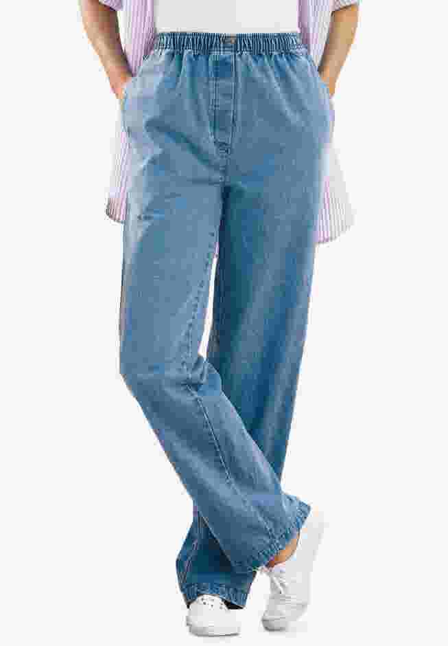 Womens Plus-Size Straight-Leg All-Cotton Denim Pull-On 7-Day Elastic-Waist Jeans image number 0