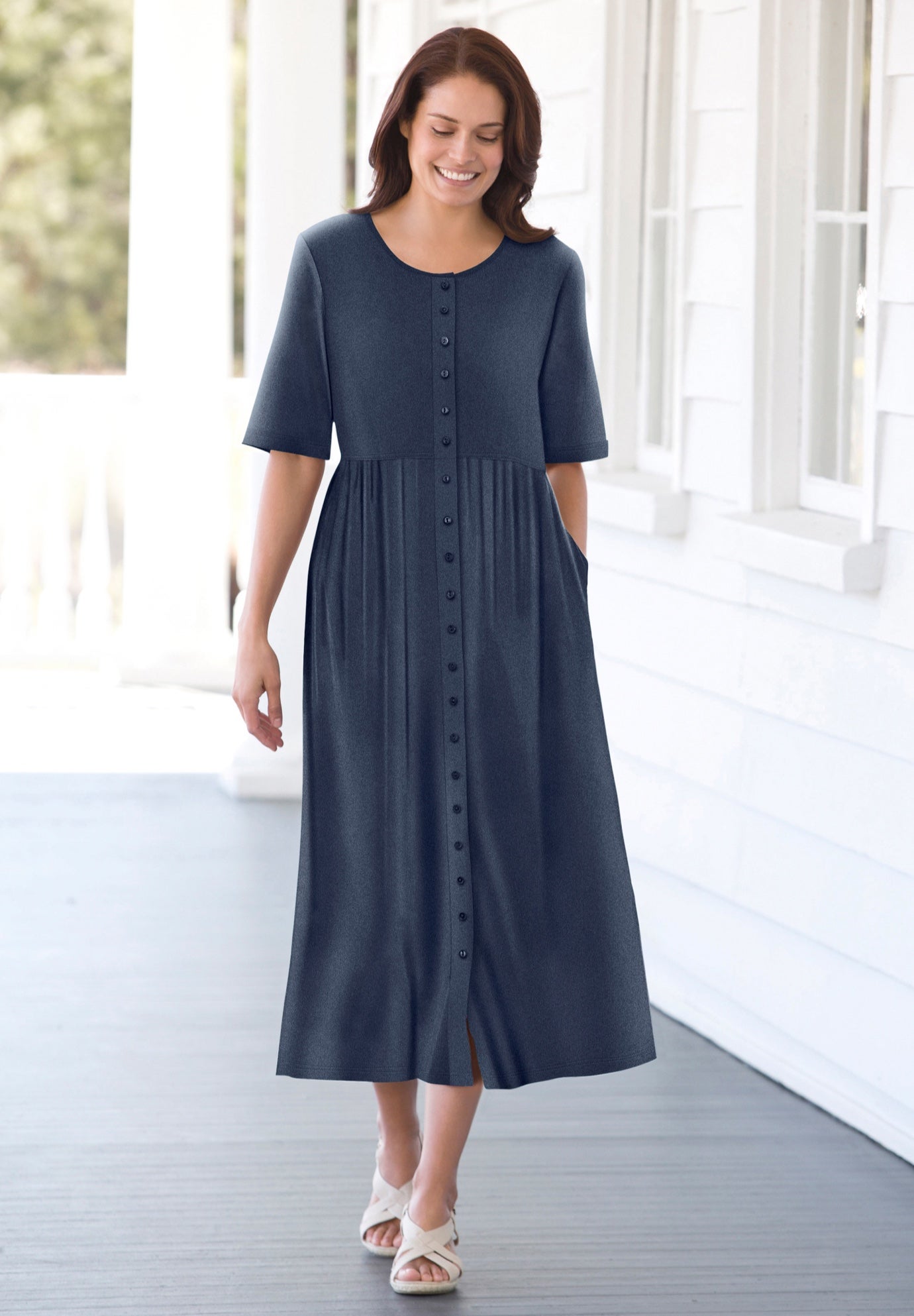 Button-Front Elbow-Sleeve Knit Dress image number 0