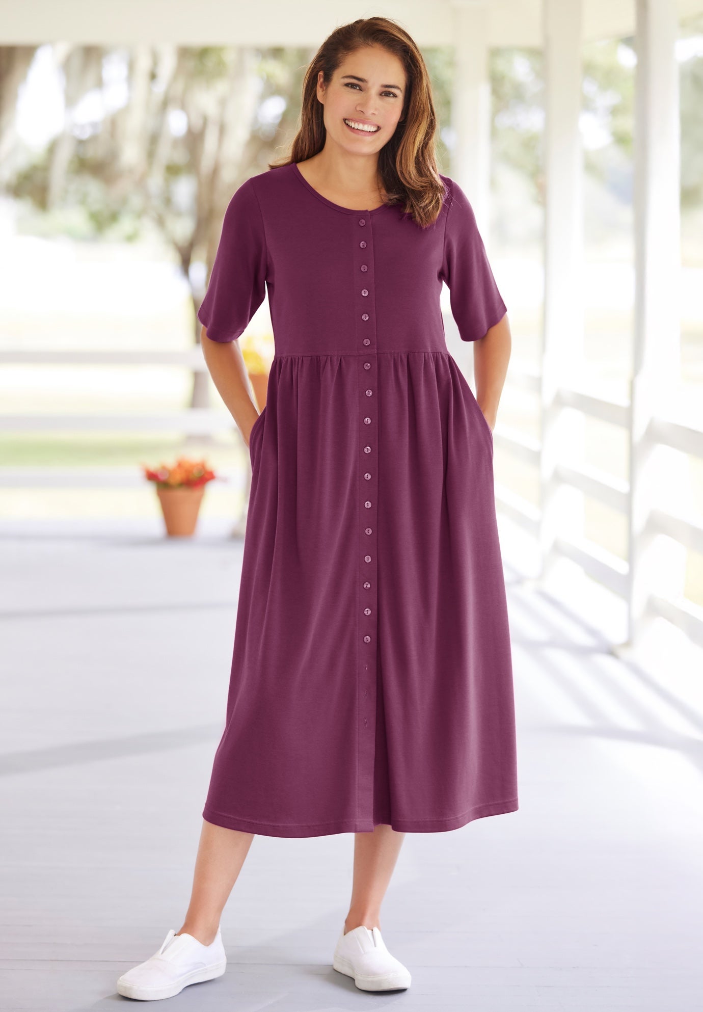 Button-Front Elbow-Sleeve Knit Dress image number 0