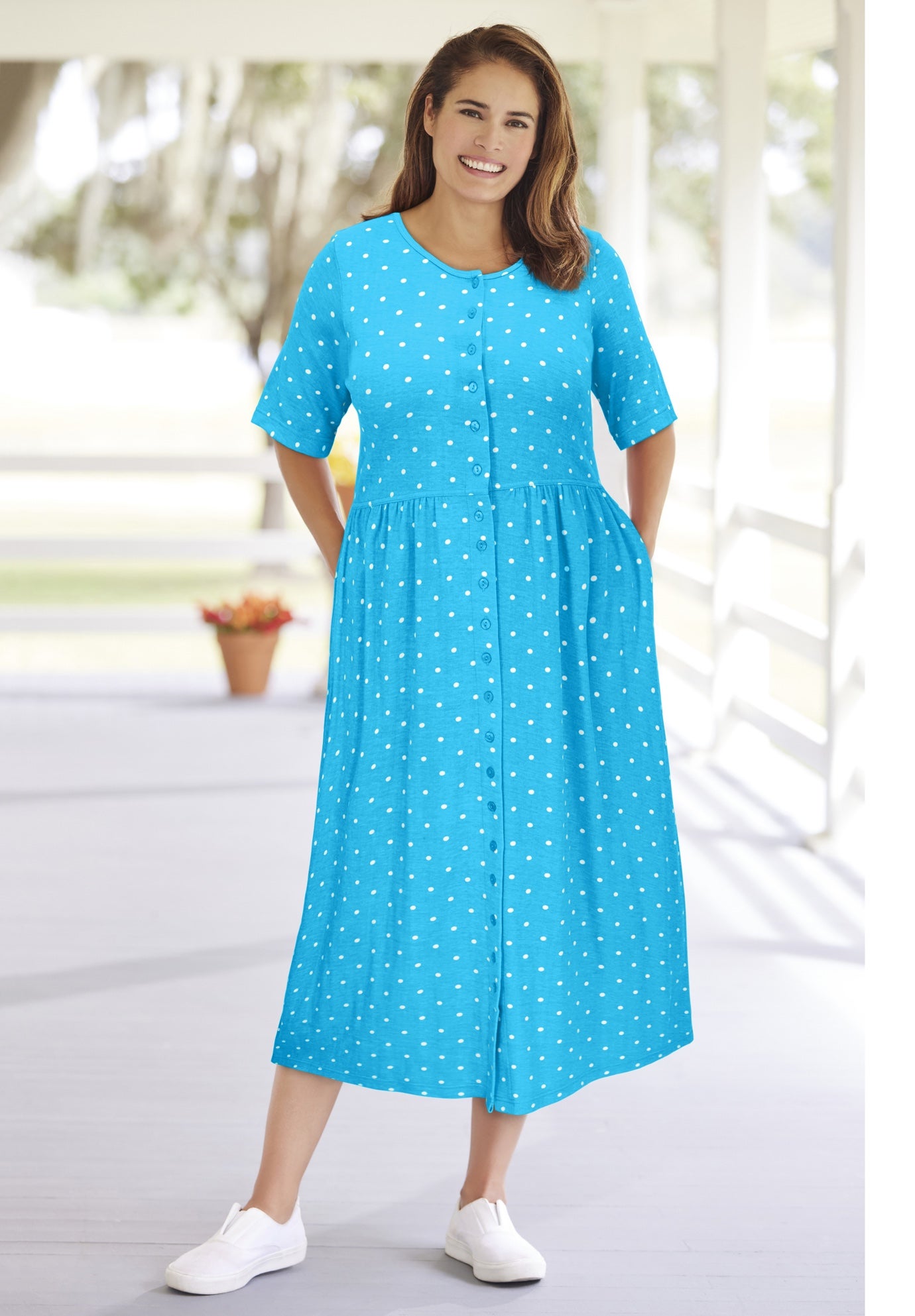 Button-Front Elbow-Sleeve Knit Dress image number 0