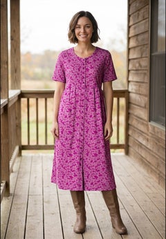 Button-Front Elbow-Sleeve Knit Dress