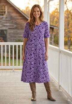 Button-Front Elbow-Sleeve Knit Dress
