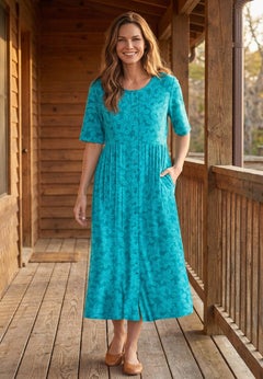 Button-Front Elbow-Sleeve Knit Dress
