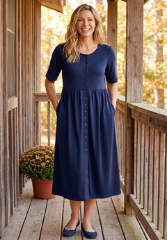 Button-Front Elbow-Sleeve Knit Dress