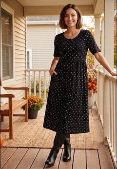 Button-Front Elbow-Sleeve Knit Dress