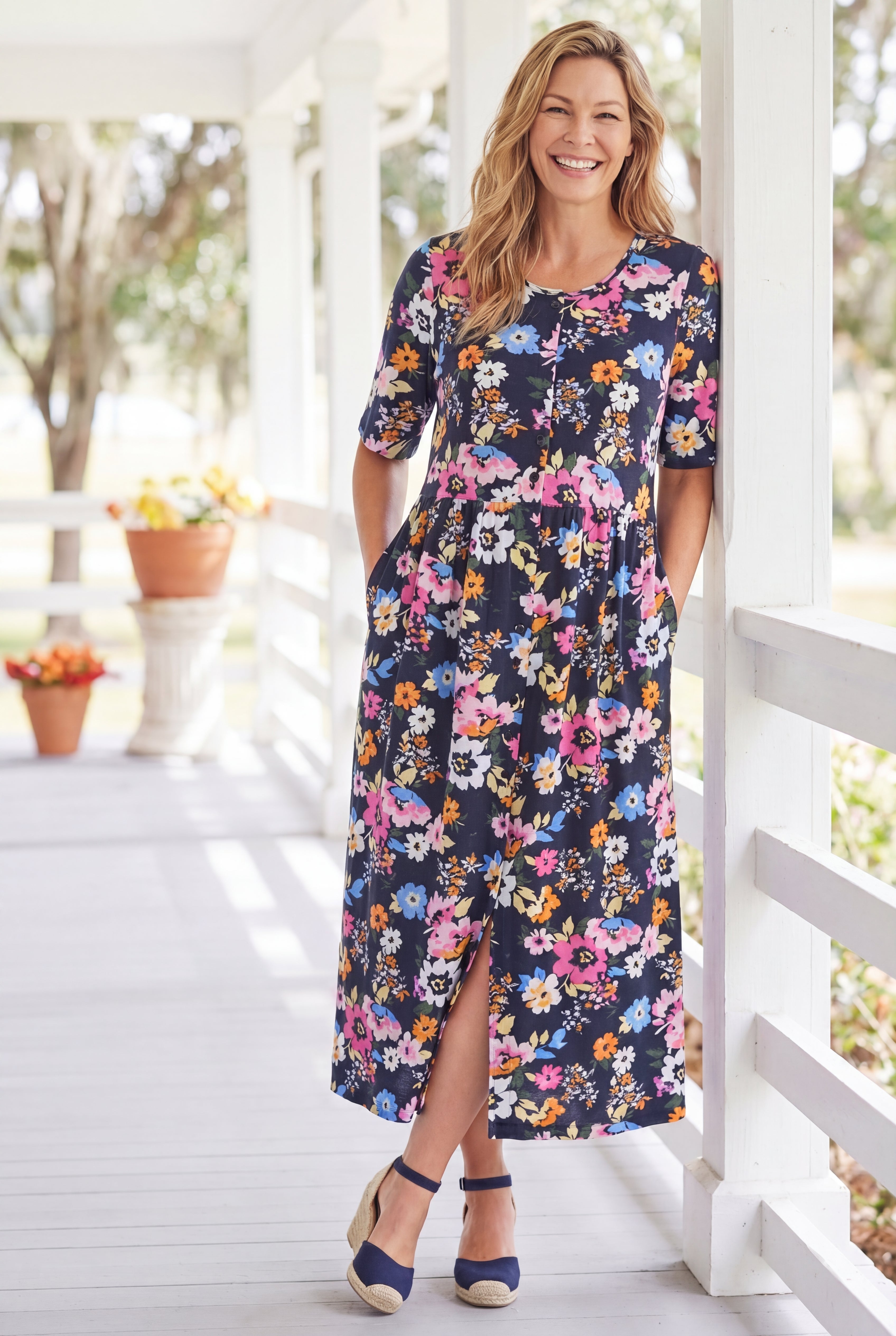 Button-Front Elbow-Sleeve Knit Dress image number 0