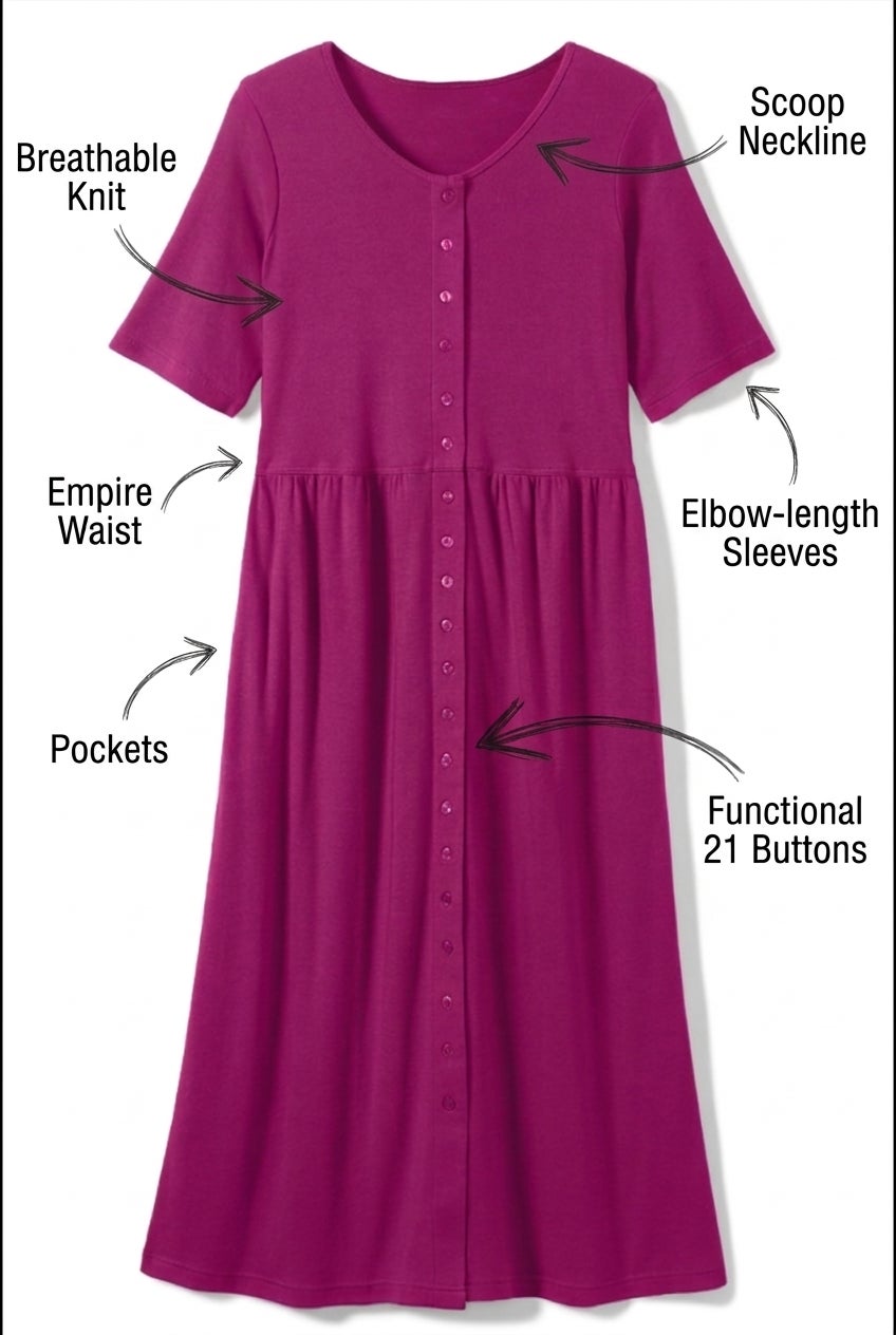 Button-Front Elbow-Sleeve Knit Dress image number 1