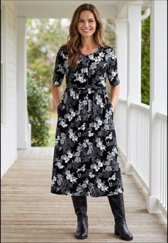 Button-Front Elbow-Sleeve Knit Dress