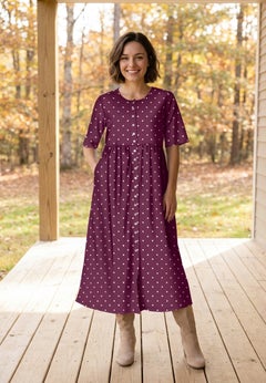 Button-Front Elbow-Sleeve Knit Dress