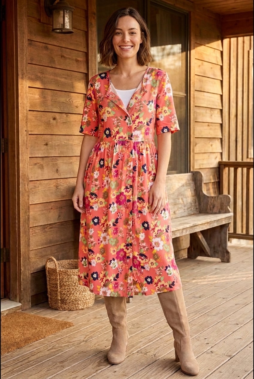 Button-Front Elbow-Sleeve Knit Dress image number 0