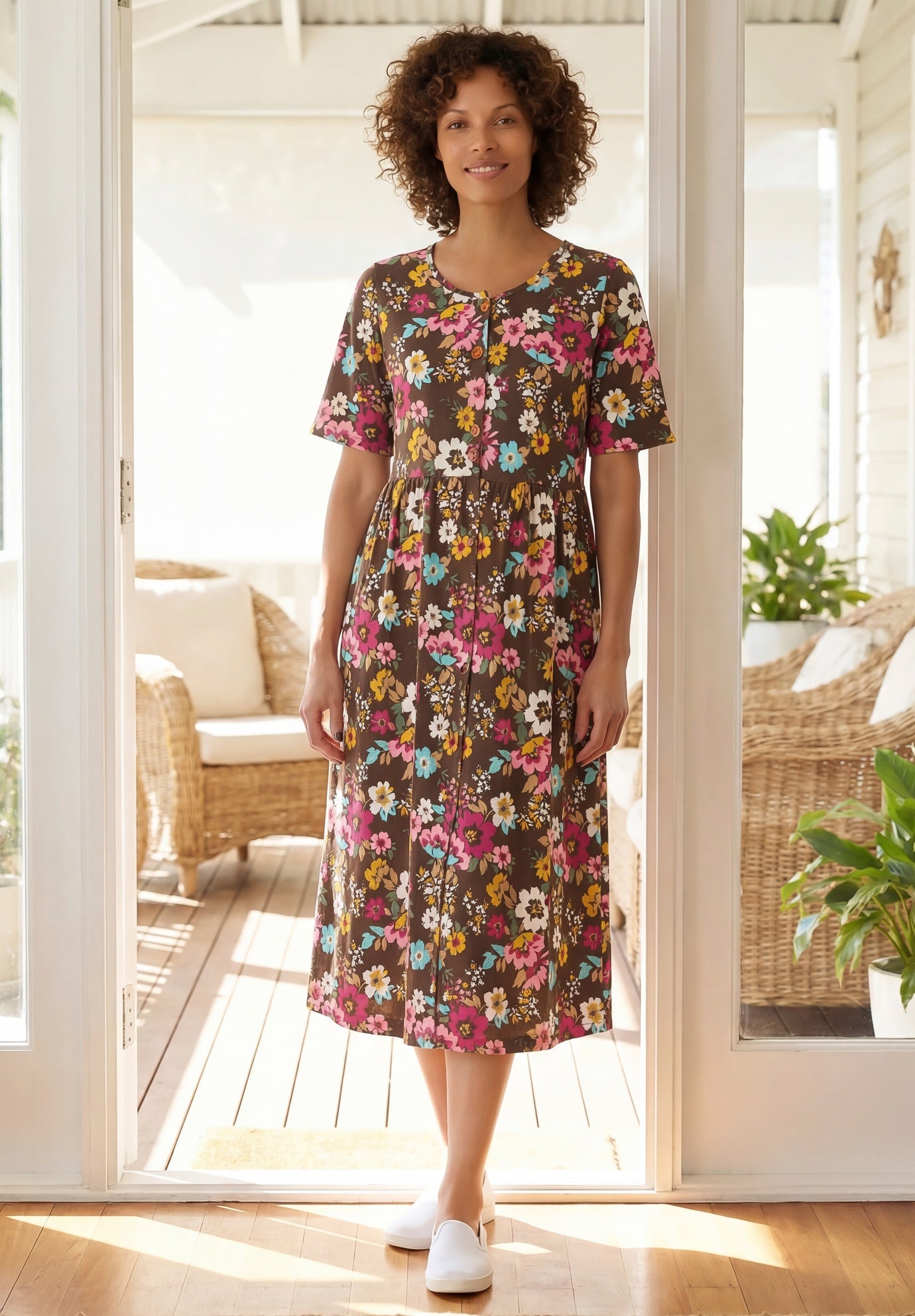 Button-Front Elbow-Sleeve Knit Dress image number 0