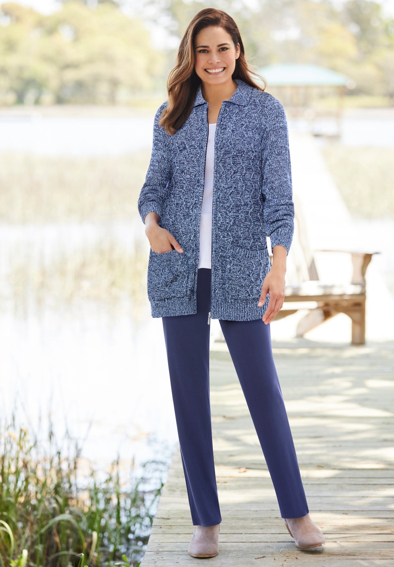 Marled Zip-Front Cable Knit Cardigan image number 5