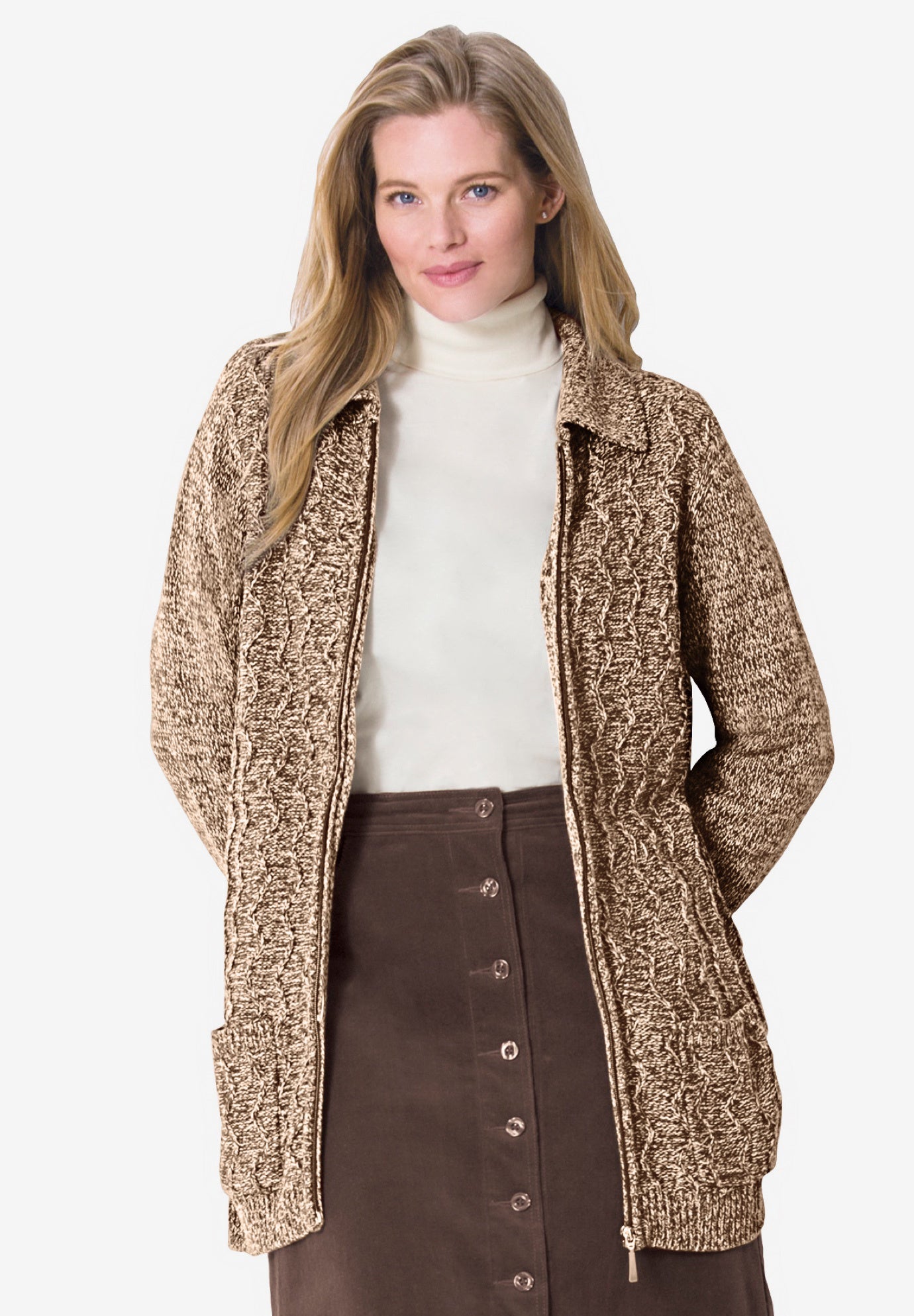 Marled Zip-Front Cable Knit Cardigan image number 0