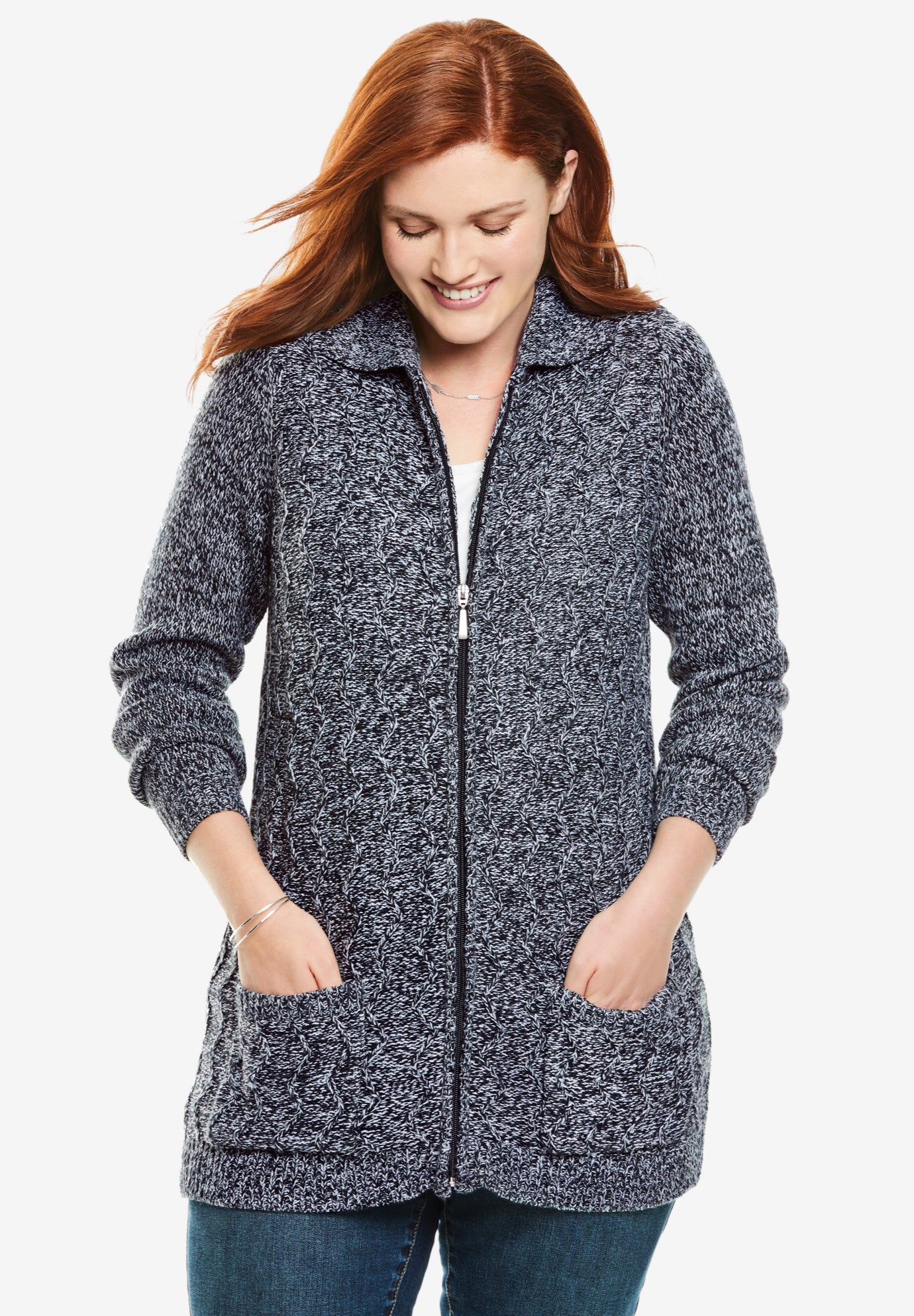 Marled Zip-Front Cable Knit Cardigan image number 0