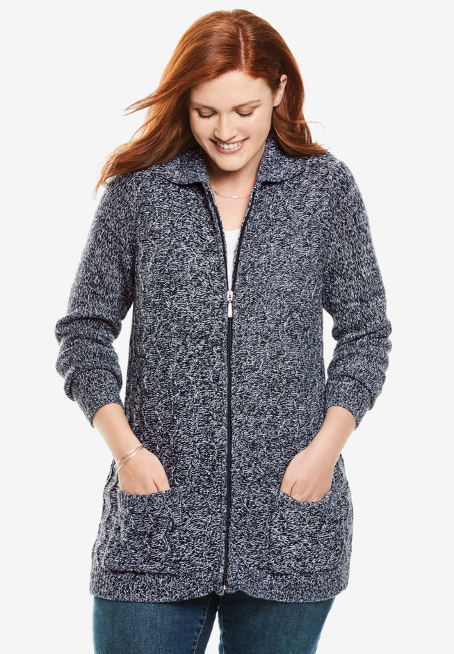 Marled Zip-Front Cable Knit Cardigan image number 0